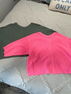 aerie Cropped Waffle Sweatshirts in Hot Pink and Olive Green